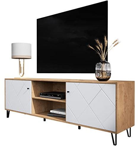 Newroom TV Lowboard Wildeiche Weiß Matt TV Schrank Skandi Modern - 183x56x40 cm (BxHxT) - Fernsehtisch TV Board Rack - [Loya.Five] Wohnzimmer Gästezimmer Büro