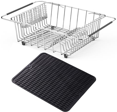 NiuYichee Stainless Steel Dish Drying Rack(15.2L X 13W X 5.8H), Expandable Fruit & Vegetable Drain Rack over Sink, Dish Drainer Rack in Sink, with Stainless Steel Utensil Holder & Silicone Mat(16)