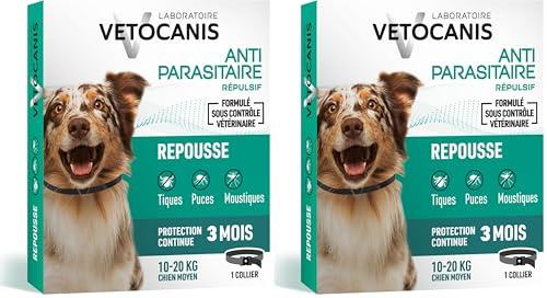 Vetocanis, Collier Anti Puces pour Chien, Répulsif Puces, Tiques, Moustiques, Protection 3 Mois, Antiparasitaire Chien de 10 à 20 kg, Aux Extraits de Margosa et Lavandin
