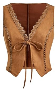 Floerns Women's Sleeveless Floral Embroidery Button Front Waistcoat Vest Jacket Brown Medium