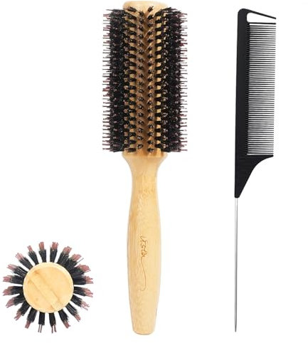 Vista Spazzola Rotonda per Capelli con Setole di Cinghiale da 10mm e Setole di Nylon da 15mm Spazzola per Capelli in Bambù per lo Styling con Pettine a Coda per Asciugare i Capelli Lucidi, Lisci