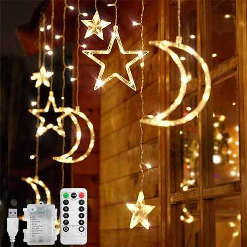 Jsdoin LED String Lights - 3.5m Star Moon LED Curtain Lights with 8 Flashing Modes Decoration for Christmas, Wedding, Party, Home, Terrace,Lawn,USB/Battery Powered (Warm White)