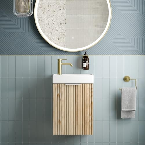 BAYSTONE® Fluted 400mm Bathroom Vanity Unit Ceramic Wash Sink, Cloakroom Storage Furniture Under Basin Cabinet Wall Hung Cupboard, Wood