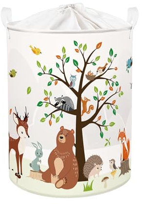 Clastyle Waldtier Kinder Wäschekorb mit Henkel Faltbar Blatt Kleidung Spielzeug Aufbewahrungskorb Jungen Mädchen Aufbewahrungsbox für Babyzimmer Bad, Bär Hirsche Fuchs, 40 * 50 cm
