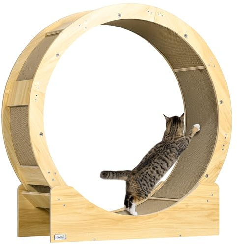 PawHut - Rueda de ejercicio para gato (91 cm, ejercicio de rueda de gato, con freno, almohadillas de rascado, cinta de correr de seguridad, para correr, caminar de entrenamiento, natural