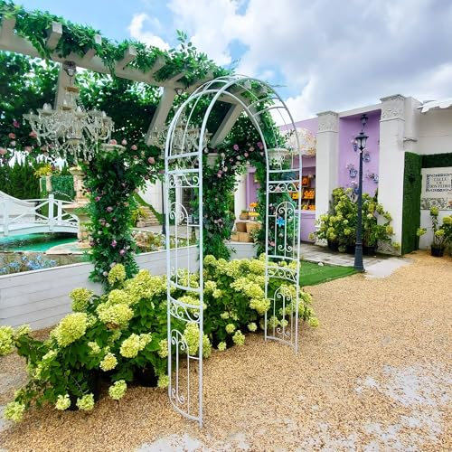 SCENDOR GARDEN Arco bianco per matrimonio, 242 x 114 x 35,5 cm, arco da giardino in metallo con elegante curva per piante rampicanti, rose, viti, prato, giardino, patio, cerimonia all'aperto
