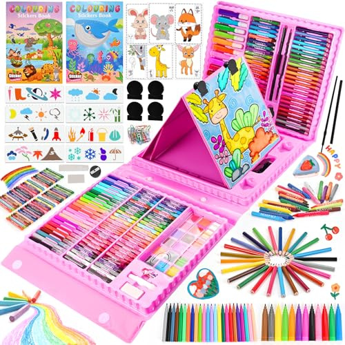 GOLDGE 233 Pezzi Valigetta Colori per Bambini, Kit Disegno Bambini con Tavolo da Disegno Matite Colorate Pastelli a Cera Acquerelli. Regalo Bambina 4 5 6 7 8 9 10 11 12 anni