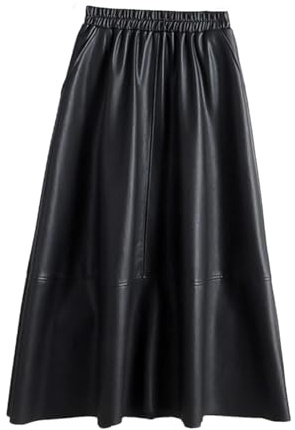 Jupes midi d'hiver en similicuir PU patchwork taille haute élégantes coupe évasée avec poches pour femmes couleurs unies, Noir , Taille unique