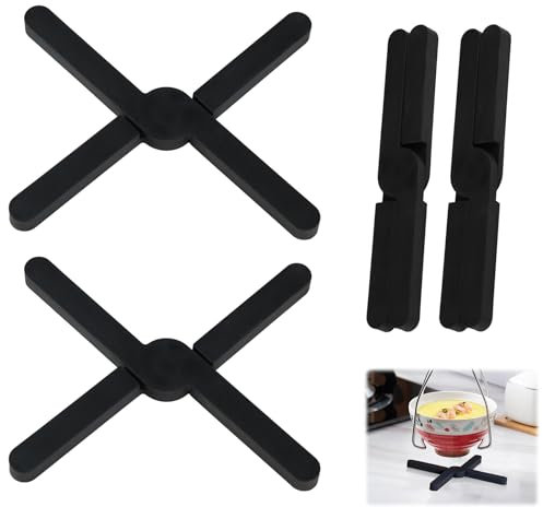 4 Pack Folding Pot Stand Thickened Heat Resistant Silicone Trivets Non-Slip Pot Holders Worktop Protector Silicone Mats Trivets for Kitchen Table Hot Pans Cup Dishes Plates, Black