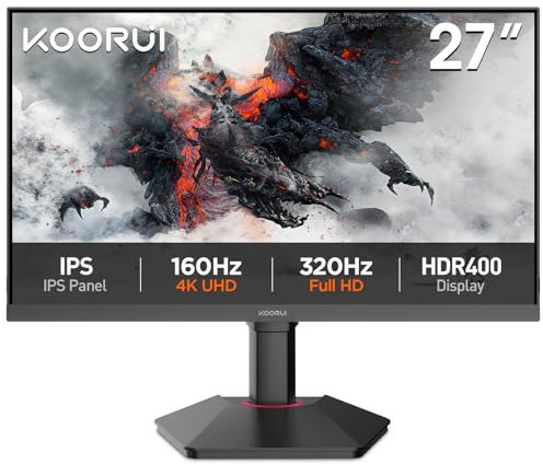 KOORUI G2741L Monitor Gaming 27 Pollici, 4K UHD, 160Hz/320Hz, HDR400, Fast IPS, 1ms, Adaptive Sync, regolabile, HDMI 2.1 * 2+DP 1.4, VESA 75x75mm