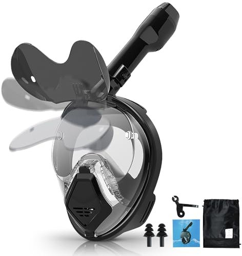 Xyuee Devilfish Full Face Snorkel Mask Adults Black M, Dry Top System Snorkeling Gear with Foldable Sunglasses, 180 Degree Panoramic View Snorkel Set, Scuba Diving Masks Anti-Leak & Anti-Fog
