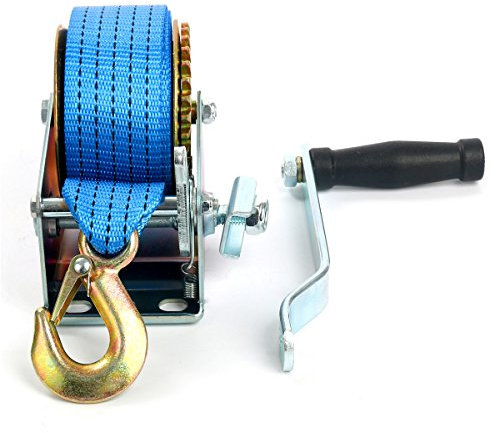 FreeTec Cabrestante manual de 600 libras, con correa azul, cabrestante de salvamento, cabrestante manual, 6 m de longitud de correa, 5 cm de ancho para barcos, remolques, vehículos, camiones