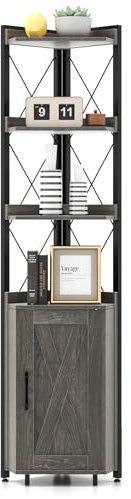 GIANTEX Eckregal Stehend mit Schrank & 6 Ebenen, 180 cm Hoher Eckschrank mit 5-stufig Verstellbarem Regal, Freistehende Eckvitrine mit Tür, Aufbewahrungsregal Industrial für Wohnzimmer, Küche