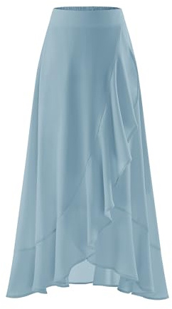 Timormode Women 2025 Summer Long Skirt Flowy Ruffle Boho Beach Skirts Elastic Waist A-line Chiffon Casual Split Midi Skirt TMS8006 Hazeblue L