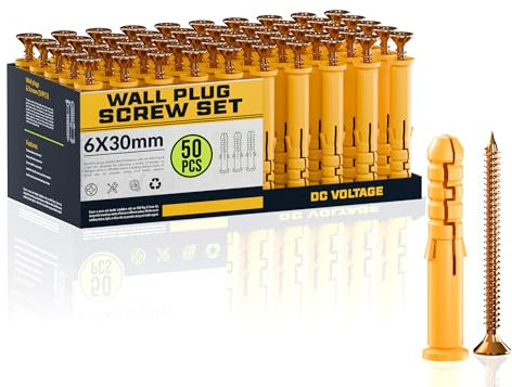 DC VOLTAGE 50 Pcs Wall Plugs and Screws Set 6mmx 30mm Concrete Fixings Screws and Wall Expansion Anchors Plugs Kit Wall Hanging Mounting TV Mount Drywall Self Tapping Screw Wall Plug