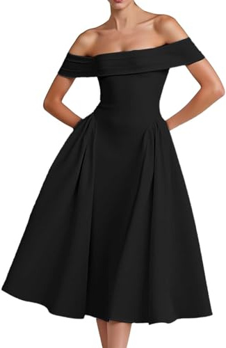 Vhersily Elegante Hochzeitskleider für Damen, Satin-Ballkleid, formelles Kleid mit offenen Schultern, Abendkleid, Brautjungfernkleid mit Taschen, Clubwear, Frühlingskleidung, sexy, kurvig, für