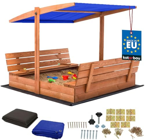 KOTARBAU® Sandlåda i Trä 140 x 140 cm, Sandlåda med Lock | Brun, Bänkar, för Barn Utomhus, med Blått Tak, med Solskydd och Markduk