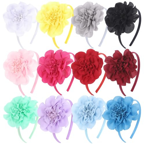 Jaqakid 12Pcs Headbands for Girls Kids- Flower Headbands for Women Teens Children-Chiffon Hair Band for Women-Hair Accessoies-Gifts Supply