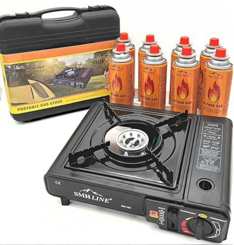 SMHLINE Campingkök, gasspis, set inkl. 8 x gaspatroner, 227 g, butan gas, camping, spis, utomhus, bordsgrill, 1 lampa, piezotändning, bärväska