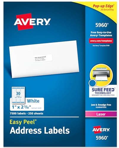Avery Easy Peel Printable Address Labels with Sure Feed, 1 x 2-5/8 Customizable Stickers, White, 7,500 Blank Mailing Labels, Great for Mailing, Shipping, and More (5960)