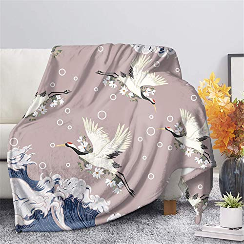 HUGS IDEA Couverture lestée pour adulte Queen Size Peinture à l'encre chinoise Vague & Grue Couronnée Rouge Élégante Noël Anniversaire Thanksgiving Occasions spéciales Automne Hiver et Printemps - L