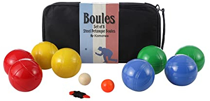Komonee 8 Boules Petanque Bowls Set Luxury Polished Mix Coloured Stainless Steel Balls Popular French Game Includes Measure With Wooden Jacks And Black Canvas Carry Bag