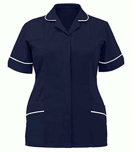 MMK Manchester® Women's Healthcare Tunic Uniform Top - Ladies Short Sleeve Work Weat Blouse Shirt for Hospital Medical Clinic Beauty Salon Casual Maid Shirts (Navy, 14)