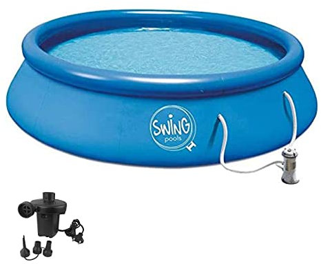 well2wellness® Quick-Up Pool Aufstellbecken Swing Ø 366 x 84cm blau inkl. Filterpumpe 12 Volt Plus Luftpumpe mit 3 Adaptern