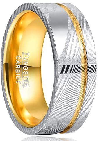 NUNCAD Bague Homme en Acier Damas et Tungstène, Anneau Large 10mm, Argent avec Rainure Dorée, pour Fiançailles Anniversaire, Taille 56