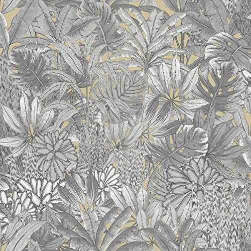 Muriva Lush Forest Tapete - Modern Wallpaper für Zuhause, Wohnzimmer, Küche, Schlafzimmer, Dekoration, Büro - Metallic Nature Tapete mit Dschungeltiere, die sich zwischen dem tropischen Blattwerk