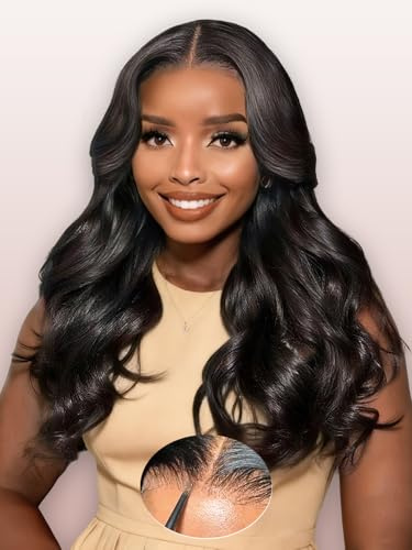 Glueless Wig Human Hair Curtain Bangs Face-Framing Layered 6x6 Pre Cut Lace Wig Human Hair Loose Wave Perruque Cheveux Humain 200% Densité Perruque Femme Naturelle Sans Colle Human Hair Wig 16 Pouces