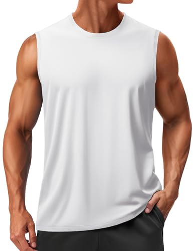 TACVASEN Mens Tank Top Sleeveless Shirts for Men Dry Fit Workout Gym Shirts Muscle Tank Athletic Swimming Sleeveless Tee Workout Top White L
