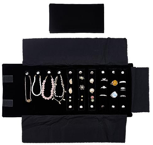 FINGERINSPIRE Rouleau à Bijoux en Velours Noir Portable Organisateur de Rouleau de Bijoux de Voyage Sac de Rangement pour Bijoux Quotidiens Pochette de Transport pour Colliers Boucles D'Oreilles