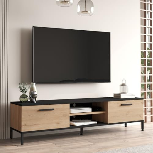 [en.casa] TV Board Lempäälä Lowboard 160 cm Fernsehtisch mit 2 Türen und 2 Ablagefächer Metallbeine Eiche/Schwarz