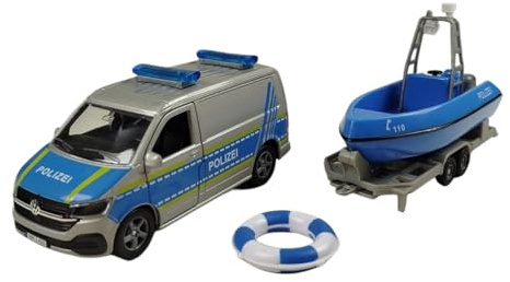 Kids Globe VW Transporter Police avec Bateau DE Die Cast Pull Back 29 cm, Jouet pour Enfants, Bleu