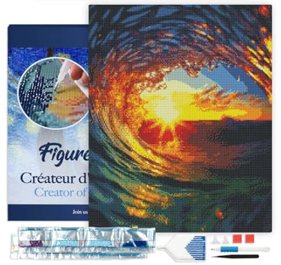 Figured'Art Diamond Painting Kit completo con marco - Cuadro 40x50cm de Pintura de Diamante - Bastidor montado - diamantes cuadrados - La Ola y el Atardecer - 5D DIY Manualidades Adultos