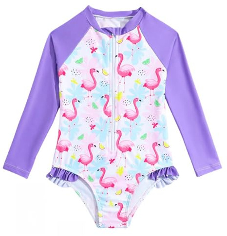 WYTbaby Traje de baño UV para niña de una sola pieza, manga larga, camiseta UV, traje de baño de verano para niñas de 3 a 8 años, morado, 5-6 años