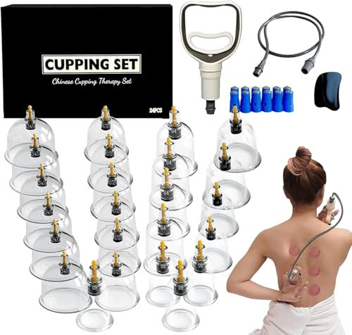 Lot de 24 ventouses en verre avec pompe à vide, avec aimants pour point d'acupression, pour ventouses et thérapie cupping (24 tasses)
