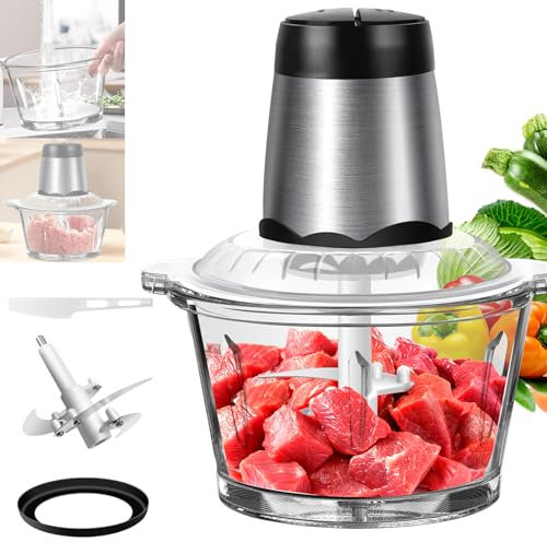 Electric Food Chopper, Professional Mini Chopper with 2L Glass Bowl, 4 bi-Level Blades, 2 Speed Settings, One Touch Operation, Blenders for Kitchen with Food Processor for Fruits, Vegetable, Meat