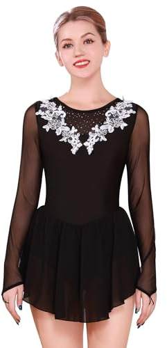 FYMNSI Damen Tanzkleid Eiskunstlauf Kleid Langarm K�rkleid Rollkunstlauf Wettbewerb Tanzanzug mit Strass Blumen Mesh Chiffon Rock Ballettkleid Gymnastik Leotard Turnanzug Tanzkost�m Schwarz XS