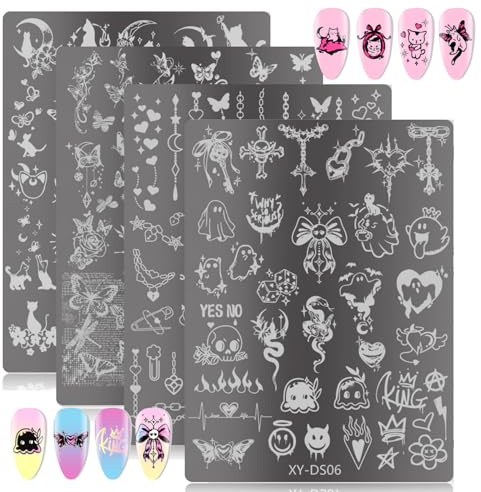 4Pcs Gothic Cute Nail Stamping Plate Set - Dark Kawaii Nail Art Templates, Stainless Steel Spooky Sweet Nail Stamp Plates with Skull & Lace Patterns for DIY Print Manicure Salon Design Gift Supplies