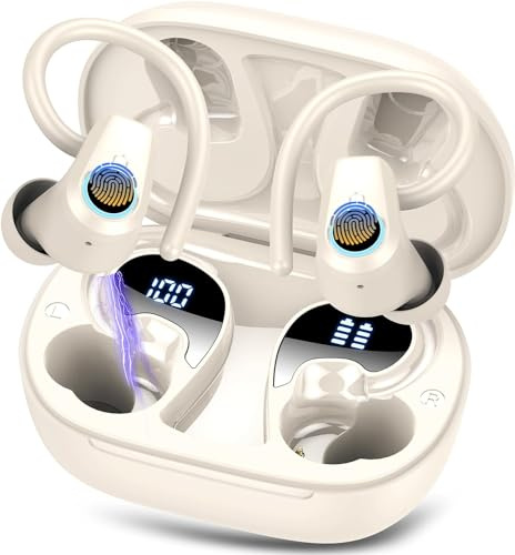 Cuffie Bluetooth Sport, Auricolari Bluetooth 5.3 con 50 Ore HiFi Stereo, Cuffie Wireless con 4 ENC Mic, Cancellazione Rumore, IP7 Impermeabili, Ricarica Rapida, Cuffiette Bluetooth per Running Bianco