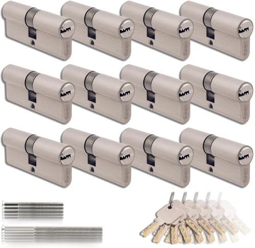Set di 12 Cilindri a Doppia Serratura in Ottone 40/40mm con Chiave Unica, 60 Chiavi Incluse, 24 Viti, Serrature Universali per Porte e Garage, Lunghezza 80mm, Montaggio Facile