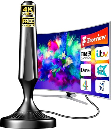 Indoor TV Aerial for Freeview HD – Long Range Digital Freeview TV Aerial with 360° Reception & Magnetic Base, Strong UHF/VHF Signal, 4K/1080P Ready, 5m Coaxial Cable, Easy Plug & Play