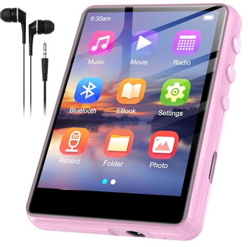 SWOFY Reproductor de MP3 de 128 GB con Bluetooth 5.3 – 2.4 pulgadas, sonido Hi-Fi, altavoz integrado, función de grabación, radio FM, se puede ampliar a 512 GB (rosa)