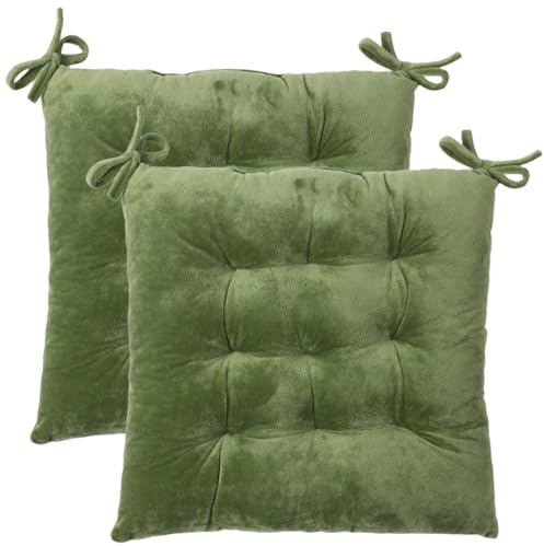 2 Pcs Chair Cushions, Thick Solid Crystal Velvet Seat Pads with Secure Ties, 15 x 15 x 2.8 in Comfortable Kitchen Seat Cushions, Soft Cotton Filled, Ideal for Office, Living Room & Dining (Green)