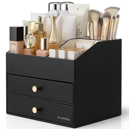 VLANDO Organizer per trucchi con 3 cassetti, organizzatore da toeletta, organizer per cosmetici, organizzatore per il bagno, Dresser Skincare, nero
