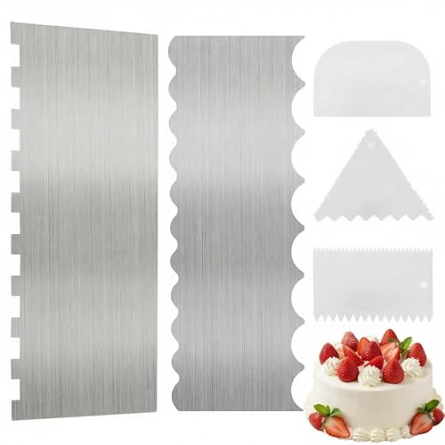 5 Pcs Cake Scraper, Metal Cake Scraper, 8.6 Inch Double Sided with Designs for Kitchen Baking Cakes Decorating Tools Buttercream Icing Smoother