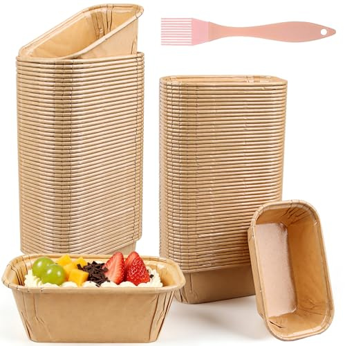 100 Pezzi Stampi Plumcake in Carta 8 x 4 x 4 cm, Mini Stampi Rettangolari Carta con Pennello in Silicone, Stampi da Forno per Torta Pane Dessert, Pirottini per Friggitrice ad Aria e Forno