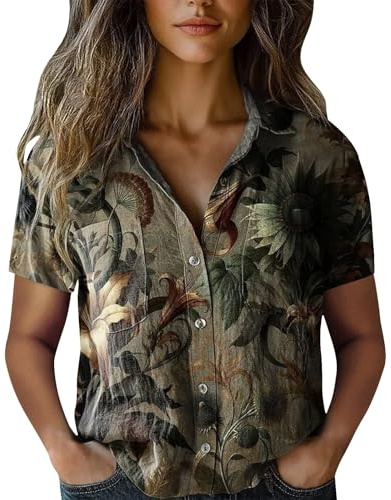 Blusa de manga corta con estampado de cachemira para mujer, cuello en V, con botones, para verano, casual, estilo bohemio, ajuste holgado, estilo étnico vintage